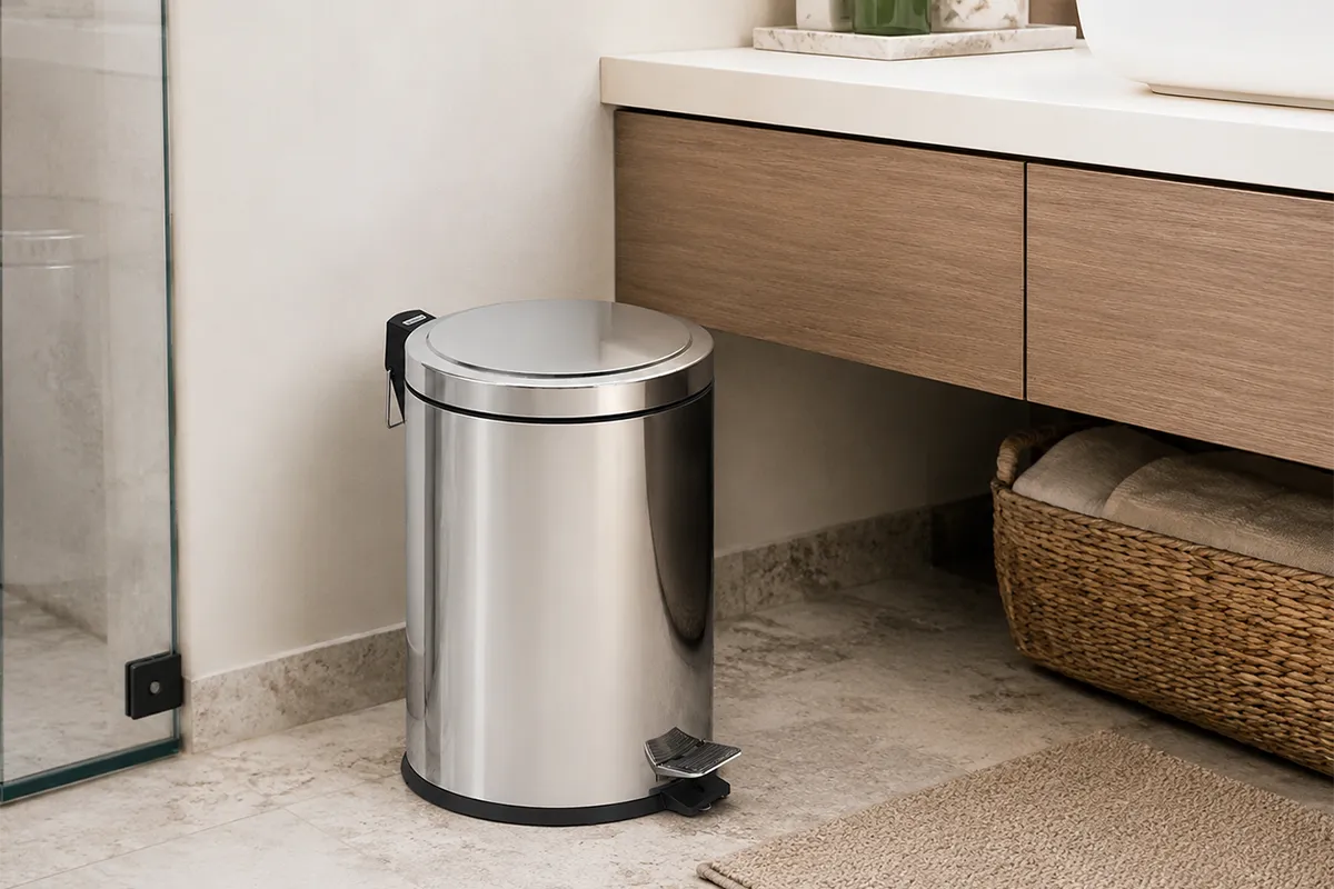 Lixeira inox Tramontina 12 litros em banheiro contemporâneo