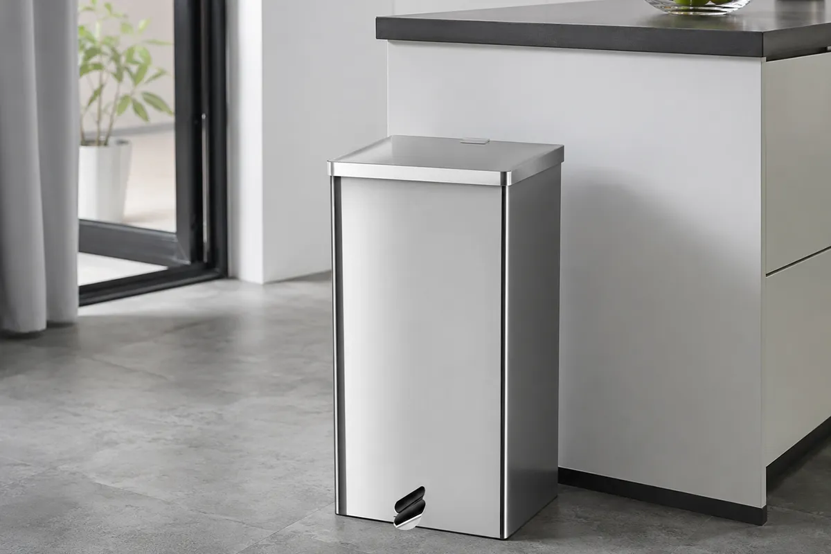 Lixeira inox com pedal 30 litros Ecobin em ambiente contemporâneo