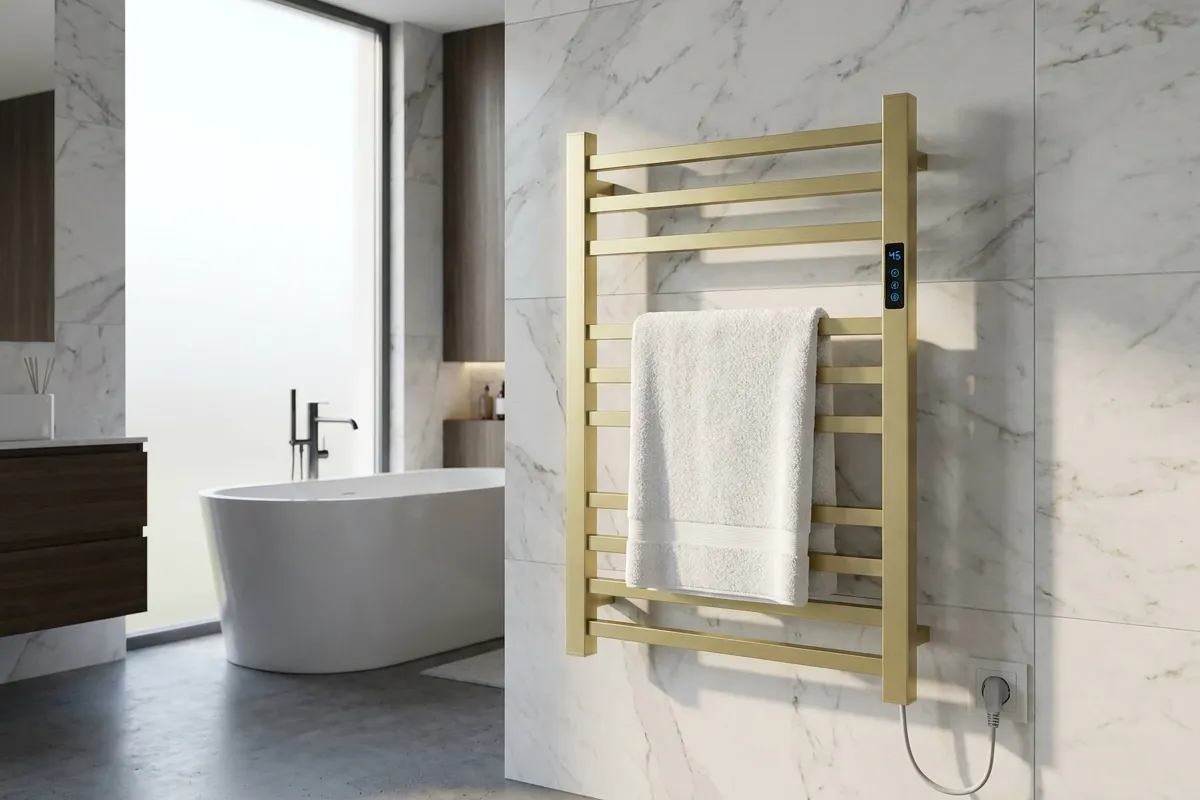 Toalheiro térmico dourado escovado Kazalinda em banheiro contemporâneo