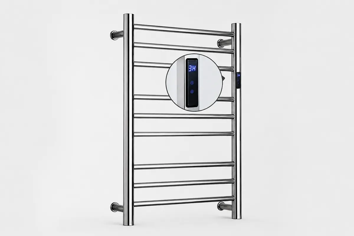 Toalheiro térmico grande redondo inox polido Kazalinda em fundo neutro