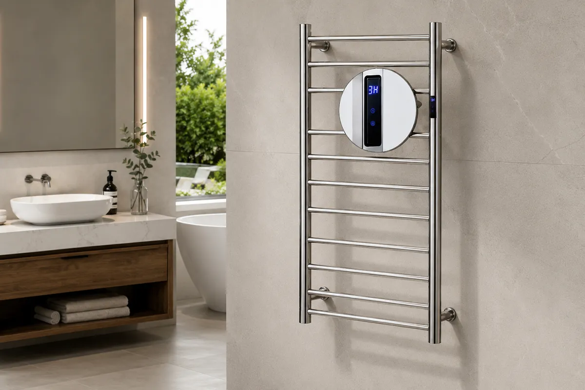 Toalheiro térmico inox polido Kazalinda em banheiro contemporâneo