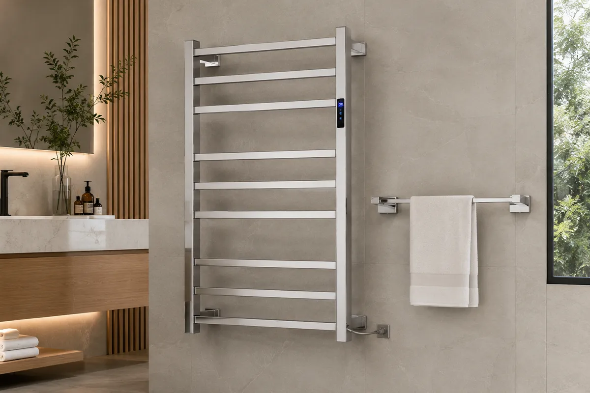 Toalheiro térmico inox quadrado Kazalinda em banheiro contemporâneo