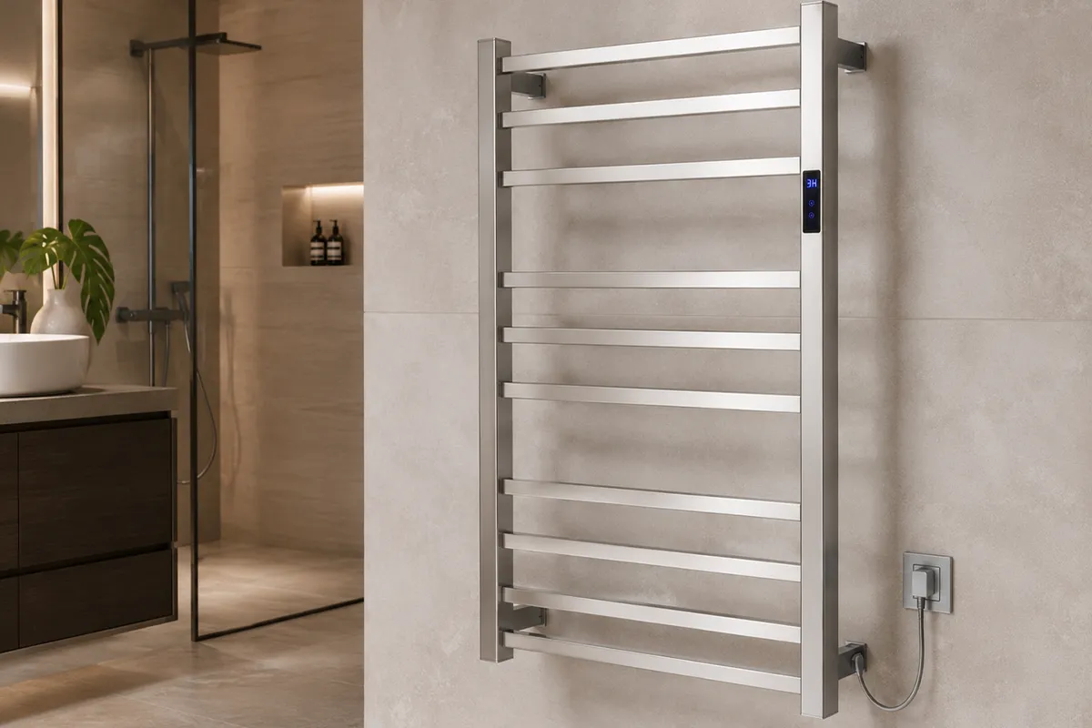 Toalheiro térmico inox quadrado Kazalinda em banheiro contemporâneo