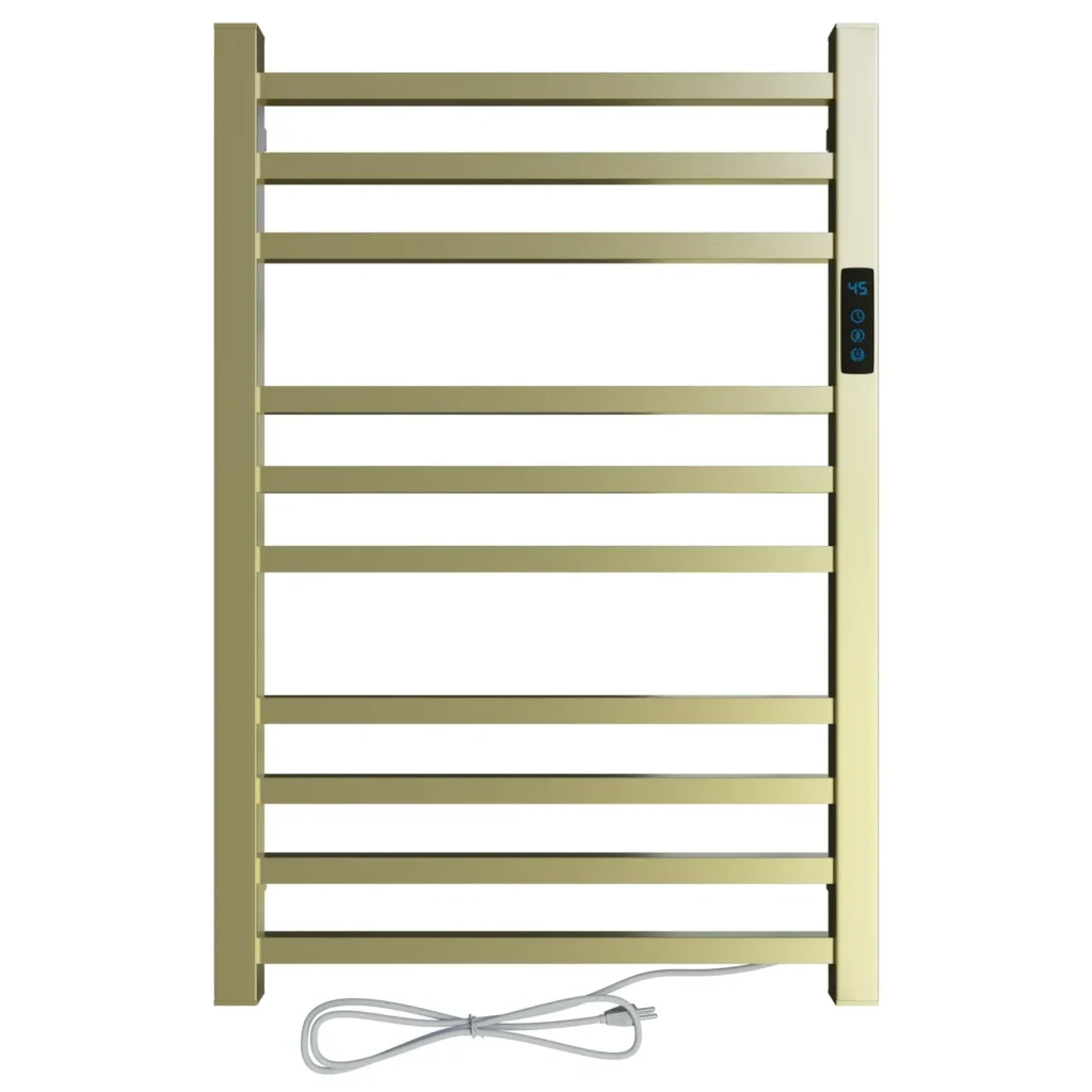 Toalheiro térmico quadrado dourado escovado Kazalinda com timer em fundo branco