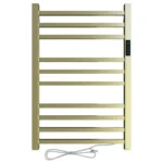 Toalheiro térmico quadrado dourado escovado Kazalinda com timer em fundo branco