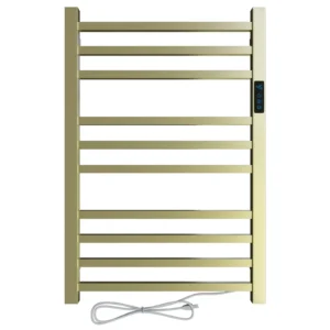 Toalheiro térmico quadrado dourado escovado Kazalinda com timer em fundo branco