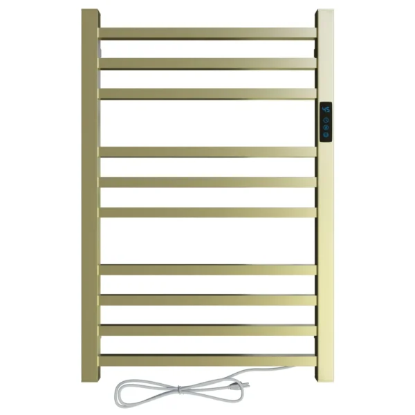 Toalheiro térmico quadrado dourado escovado Kazalinda com timer em fundo branco