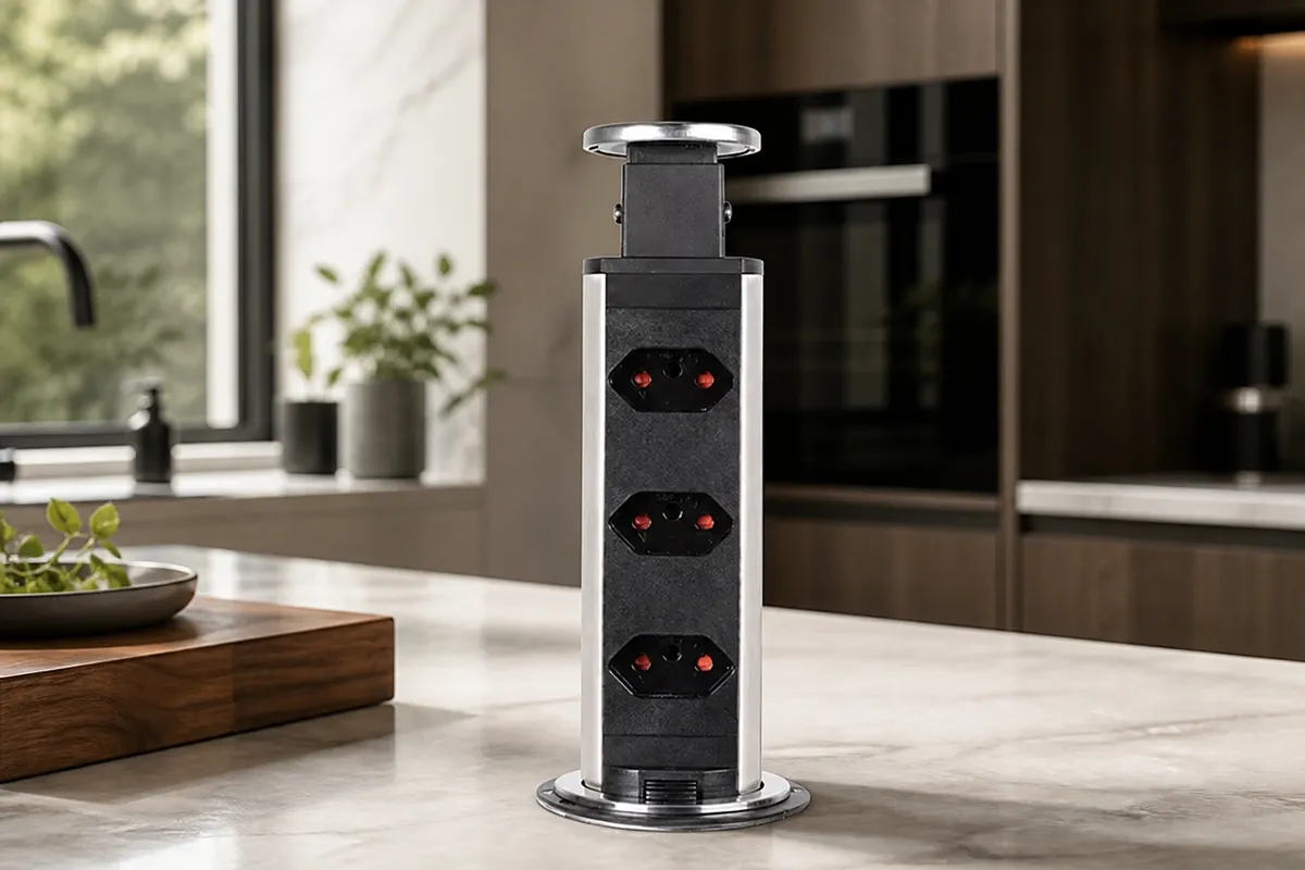 Torre de tomada retrátil inox escovado embutida em bancada contemporânea