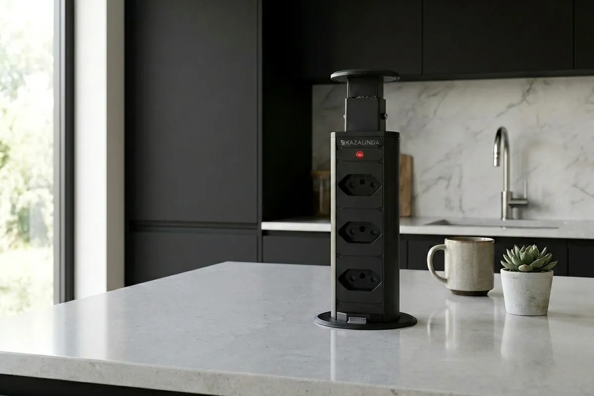 Torre de tomada retrátil preta embutida em bancada contemporânea