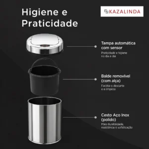 Lixeira automática inox com sensor premium Kazalinda 42 litros em aço inoxidável polido