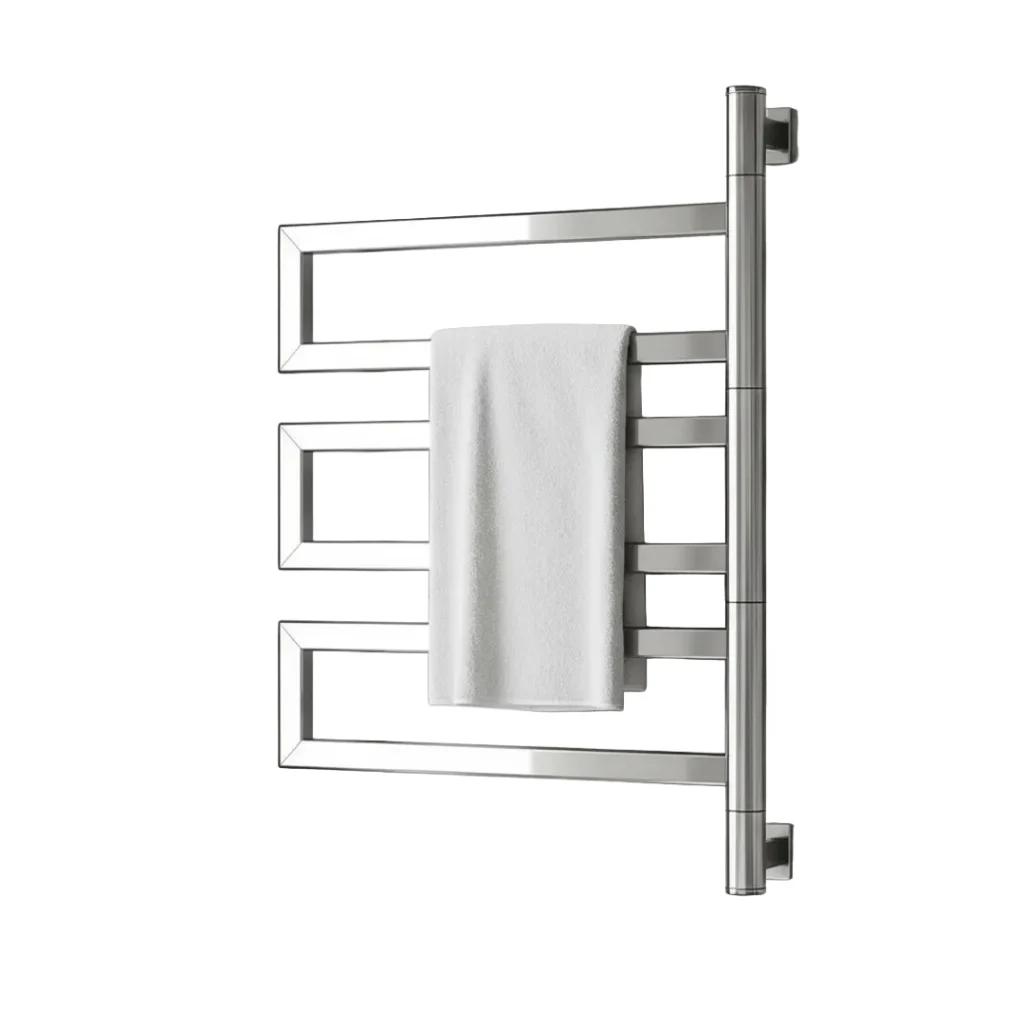 Toalheiro Térmico Elétrico Inox 304 Polido Mega Evolution Warm na cor prateada brilhante instalado em banheiro moderno