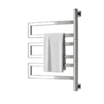 Toalheiro Térmico Elétrico Inox 304 Polido Mega Evolution Warm na cor prateada brilhante instalado em banheiro moderno