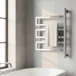 Toalheiro Térmico Elétrico Inox 304 Polido Mega Evolution Warm na cor prateada brilhante instalado em banheiro moderno