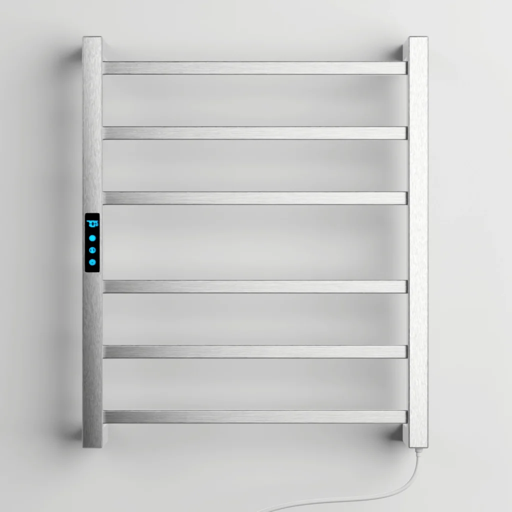 Toalheiro elétrico inox escovado Titan com 6 barras quadradas, Wi-Fi e Alexa para banheiro moderno