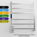 Toalheiro elétrico inox escovado Titan com 6 barras quadradas, Wi-Fi e Alexa para banheiro moderno