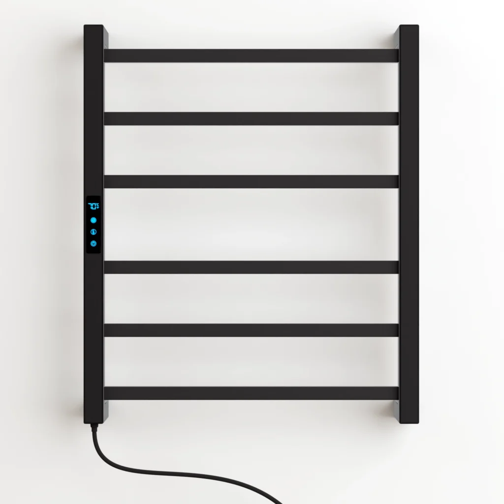 Toalheiro térmico elétrico preto Titan com 6 barras quadradas, controle digital e Wi-Fi para banheiro moderno