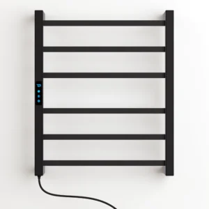Toalheiro térmico elétrico preto Titan com 6 barras quadradas, controle digital e Wi-Fi para banheiro moderno