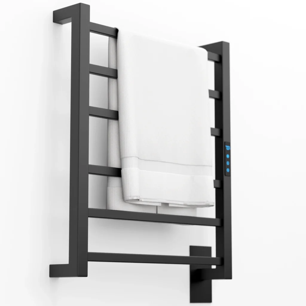 Toalheiro térmico elétrico preto Titan com 6 barras quadradas, controle digital e Wi-Fi para banheiro moderno