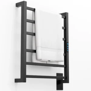 Toalheiro térmico elétrico preto Titan com 6 barras quadradas, controle digital e Wi-Fi para banheiro moderno