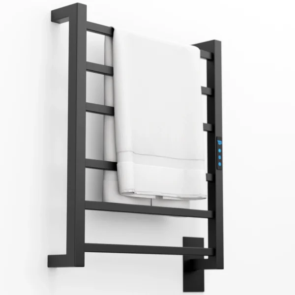 Toalheiro térmico elétrico preto Titan com 6 barras quadradas, controle digital e Wi-Fi para banheiro moderno