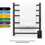Toalheiro térmico elétrico preto Titan com 6 barras quadradas, controle digital e Wi-Fi para banheiro moderno