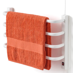 Toalheiro Térmico Pequeno Branco para 1 Toalha Flape com saída do fio na parte superior instalado em banheiro moderno