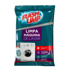 Kit com 5 sachês de 80g do Limpa Máquina de Lavar Flash Limp em embalagem original, higienizador sem cloro para tambor de lavadora