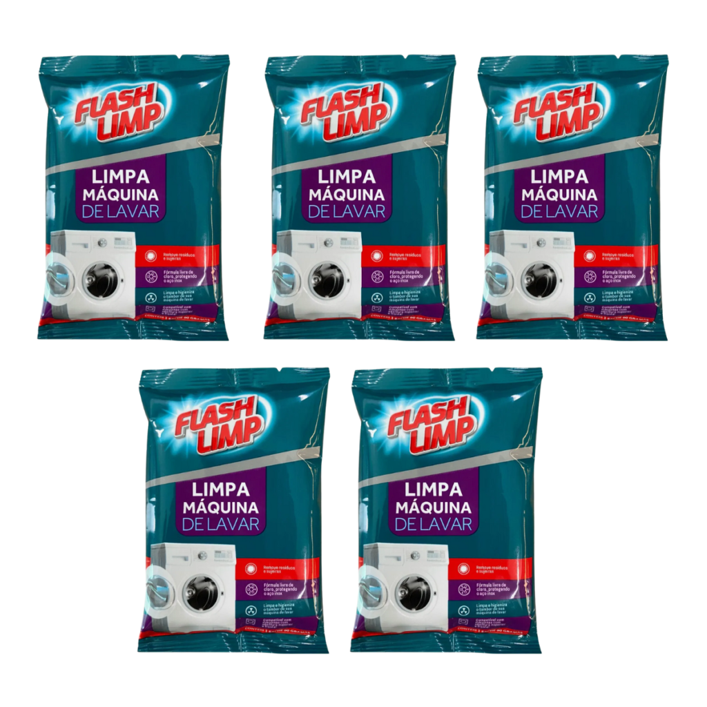 Kit com 5 sachês de 80g do Limpa Máquina de Lavar Flash Limp em embalagem original, higienizador sem cloro para tambor de lavadora
