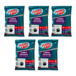 Kit com 5 sachês de 80g do Limpa Máquina de Lavar Flash Limp em embalagem original, higienizador sem cloro para tambor de lavadora