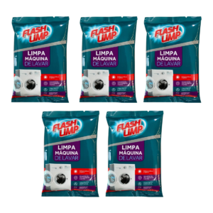 Kit com 5 sachês de 80g do Limpa Máquina de Lavar Flash Limp em embalagem original, higienizador sem cloro para tambor de lavadora