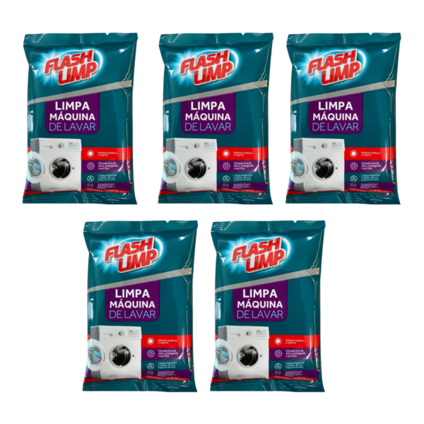 Kit com 5 sachês de 80g do Limpa Máquina de Lavar Flash Limp em embalagem original, higienizador sem cloro para tambor de lavadora