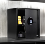 Cofre Digital Motion Office Yale com teclado numerico iluminado e acabamento em aco preto fosco, dimensoes 40x35x34 cm