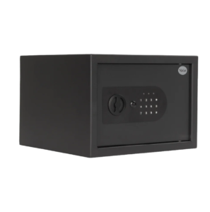 Cofre Digital Essential Home Yale motorizado com abertura por senha numerica e chave mecanica de emergencia, porta de aco 3mm e iluminacao interna LED