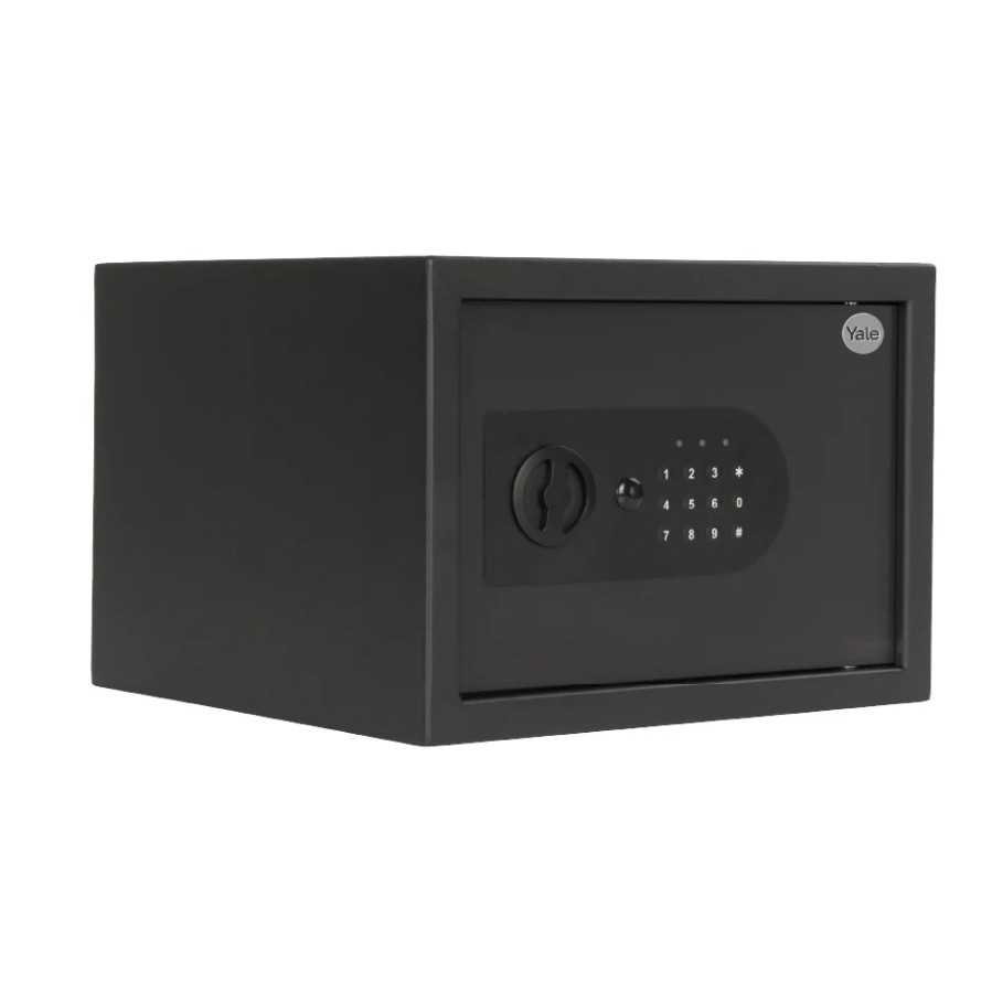 Cofre Digital Essential Home Yale motorizado com abertura por senha numerica e chave mecanica de emergencia, porta de aco 3mm e iluminacao interna LED