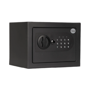Cofre Digital Yale Essential Mini com abertura motorizada por senha numerica e chave mecanica de emergencia, dimensoes compactas 25x35x30cm