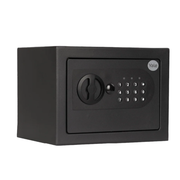 Cofre Digital Yale Essential Mini com abertura motorizada por senha numerica e chave mecanica de emergencia, dimensoes compactas 25x35x30cm