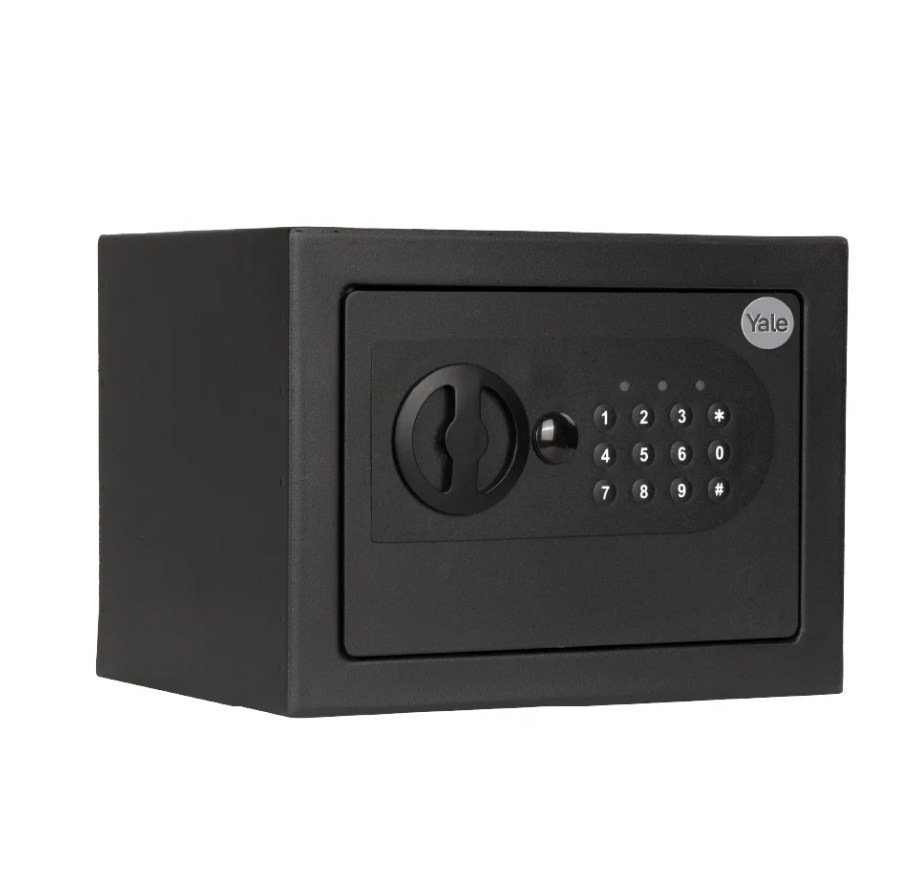 Cofre Digital Yale Essential Mini com abertura motorizada por senha numerica e chave mecanica de emergencia, dimensoes compactas 25x35x30cm
